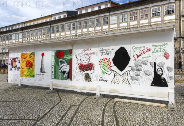 Display of feminist artworks, Largo do Toural, Toural square, city of Guimaraes, northern Portugal