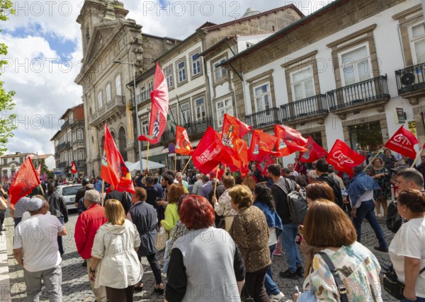 Political rally and march for May Day in city of Guimaraes, Braga district, northern Portugal, Europe - 1st May 2025