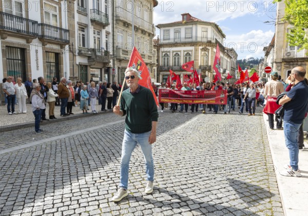 Political rally and march for May Day in city of Guimaraes, Braga district, northern Portugal, Europe - 1st May 2025