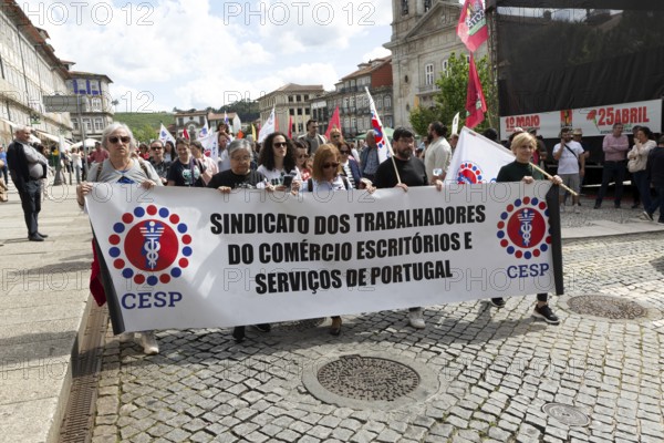 Political rally and march for May Day in city of Guimaraes, Braga district, northern Portugal, Europe - 1st May 2025