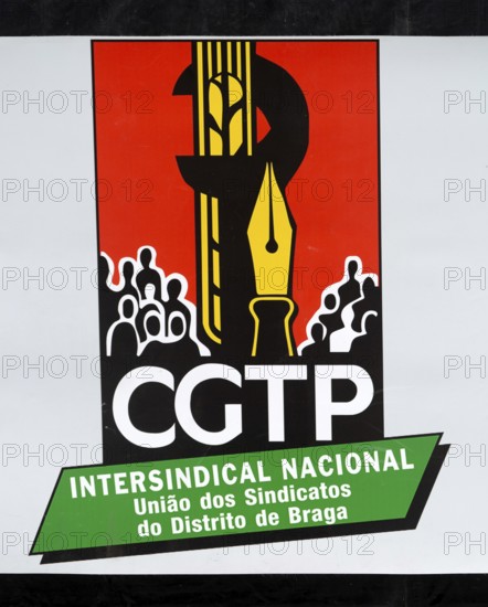 CGTP political poster banner May Day in city of Guimaraes, Braga district, northern Portugal, Europe - 1st May 2025