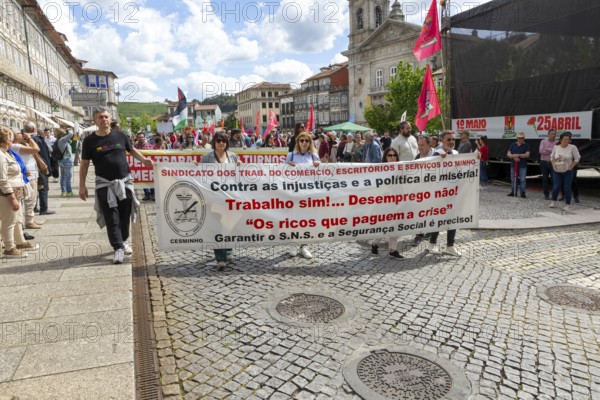 Political rally and march for May Day in city of Guimaraes, Braga district, northern Portugal, Europe - 1st May 2025