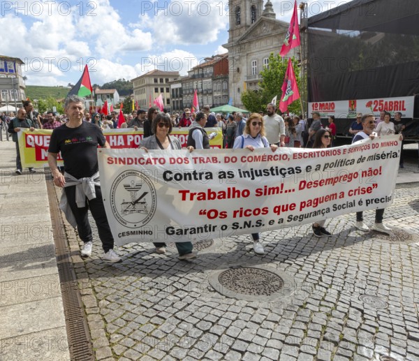 Political rally and march for May Day in city of Guimaraes, Braga district, northern Portugal, Europe - 1st May 2025