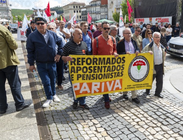 Political rally and march for May Day in city of Guimaraes, Braga district, northern Portugal, Europe - 1st May 2025