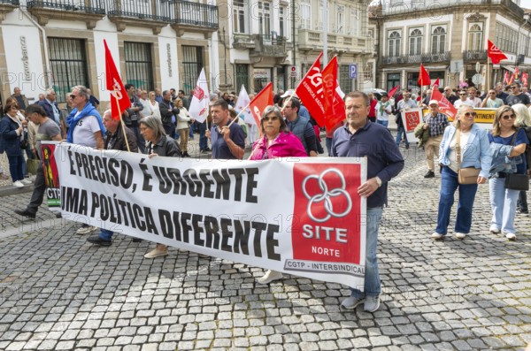Political rally and march for May Day in city of Guimaraes, Braga district, northern Portugal, Europe - 1st May 2025