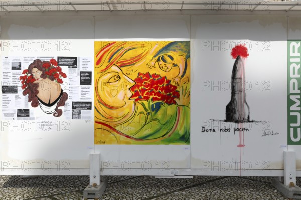 Display of feminist artworks, Largo do Toural, Toural square, city of Guimaraes, northern Portugal