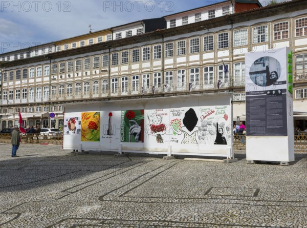 Display of feminist artworks, Largo do Toural, Toural square, city of Guimaraes, northern Portugal