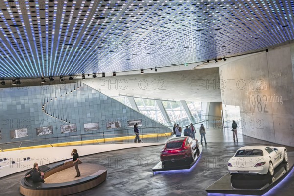 The Mercedes-Benz Museum in Stuttgart presents a journey through the automotive history of the global corporation. Myth 6: The road to emission-free mobility, 1982 to the present day. The history of the Mercedes star begins with the first automobile in 1886. 160 vehicles are on display. Stuttgart, Baden-Württemberg, Germany, Europe