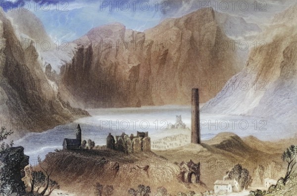 Glendalough, County Wicklow, Ireland, from the Landscape and Antiquities of Ireland, 1841, digital reproduction of a historical model, Europe