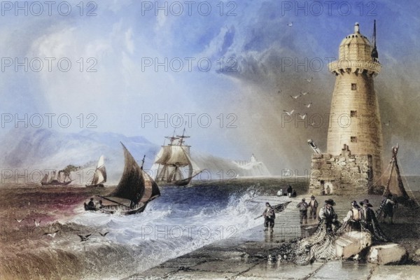South-Wall lighthouse with Howth Hill in the distance, Dublin Bay, Dublin, Ireland, from the Landscape and Antiquities of Ireland, 1841, digital reproduction of a historical original, Europe