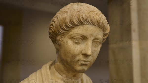 Classical marble bust of a man with antique hairstyles in rich detail, Age of Marcus Aurelius, Archaeological Museum, Kos Town, Kos, Dodecanese, Greek Islands, Greece, Europe