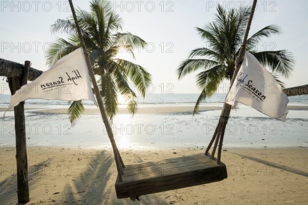Sandy beach beach with coconut palms, Khlong Chao Beach, sunset, Koh Kood, Koh Kut, Gulf of Thailand, Thailand, Asia