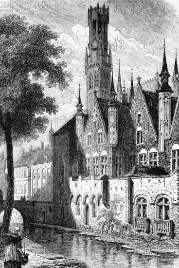The Palace of the Franks, Bruges, the capital and largest city of the province of West Flanders in the Flemish region of Belgium, around 1750, digital reproduction of a historical model