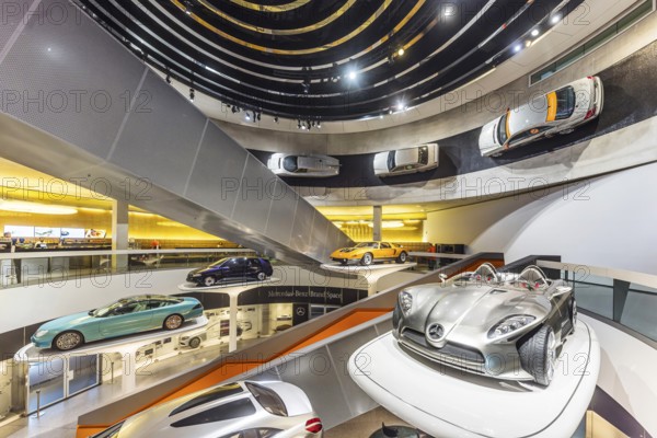 The Mercedes-Benz Museum in Stuttgart presents a journey through the automotive history of the global corporation. The history of the Mercedes star begins with the first automobile in 1886. 160 vehicles are on display. Stuttgart, Baden-Württemberg, Germany, Europe