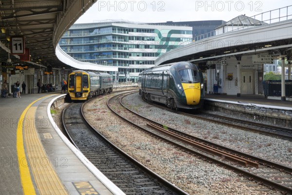 GWR British Rail Class 800 Inter City Express train and Class 158 Sprinter train, Temple Meads railway station, Bristol, England, UK