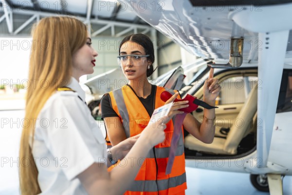 Female aircraft maintenance engineer wearing high visibility vest explaining airplane part to pilot holding documents in hangar