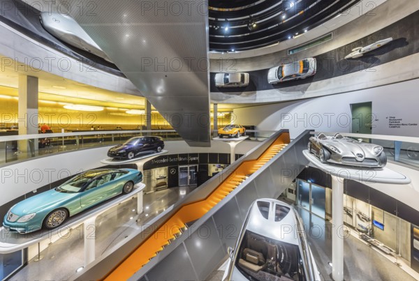 The Mercedes-Benz Museum in Stuttgart presents a journey through the automotive history of the global corporation. The history of the Mercedes star begins with the first automobile in 1886. 160 vehicles are on display. Stuttgart, Baden-Württemberg, Germany, Europe