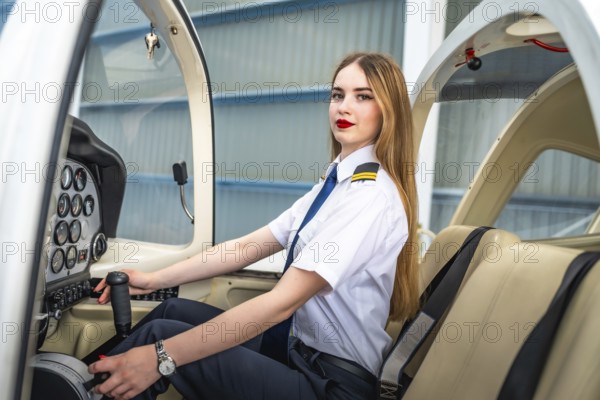 Confident female pilot sitting in the cockpit of a small airplane, holding the control stick and getting ready for take off