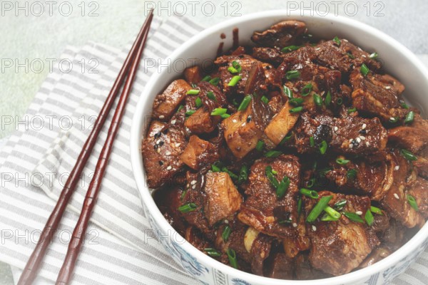 Bulgogi, with mushrooms, with sesame seeds and green onions, Korean cuisine, homemade, no people