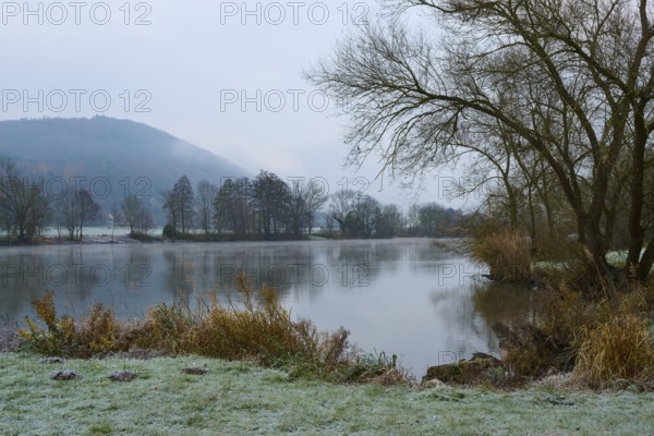 Foggy morning at the river with frosty landscape, trees and a hill in the background, Laudenbach, Main, Spessart, Odenwald, Bavaria Germany