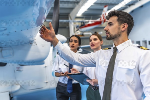 Maintenance team examining aircraft wing in hangar, ensuring flight safety and operational efficiency