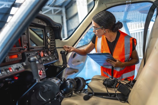 Female aircraft maintenance engineer using checklist while inspecting control panel inside cockpit of light aircraft