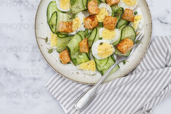 Delicious salmon and egg salad served on a plate with fresh cucumber and herbs for a healthy meal at lunchtime