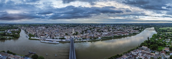 Twilight over Libourne from a drone, Gironde, Nouvelle-Aquitaine, Saint-Émilion and Pomerol, Southwestern France