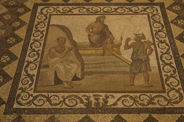 Ancient mosaic depicting a scene with three people, artistically embedded in the floor, Roman House of Asklepios in Serayia, Scene: Asklepios lands on Kos, close-up, Archaeological Museum, Kos Town, Kos, Dodecanese, Greek Islands, Greece, Europe