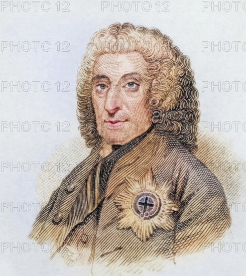 Philip Dormer Stanhope, 4th Earl of Chesterfield KG PC, (born 22 September 1694 in London, died 24 March 1773) was a British statesman and writer, coloured woodcut from Crabbe's Historical Dictionary from 1825, Historical, digital reproduction
