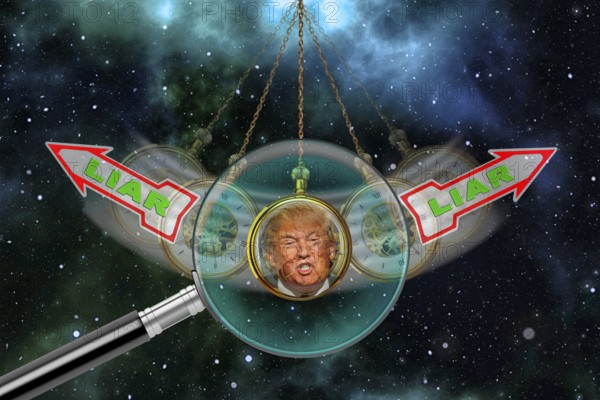 Symbolic image, Trump as a notorious liar in pendulum clock, wrong decisions, genius mania, government crisis, kleptocracy, price development, decision on Bitcoin questionable due to extreme energy demand, stock market prices, insecure digital currency, resources, energy, industry, economy critical, stock market hype, stock market crash, payment, insolvency, maximum profit, profit slump, share prices, Germany as a business location, global economy, globalisation, environmental protection, mafia, Trump government, Bitcoin rally, cryptocurrency, crypto reserve, stock market trading, gold substitute currency