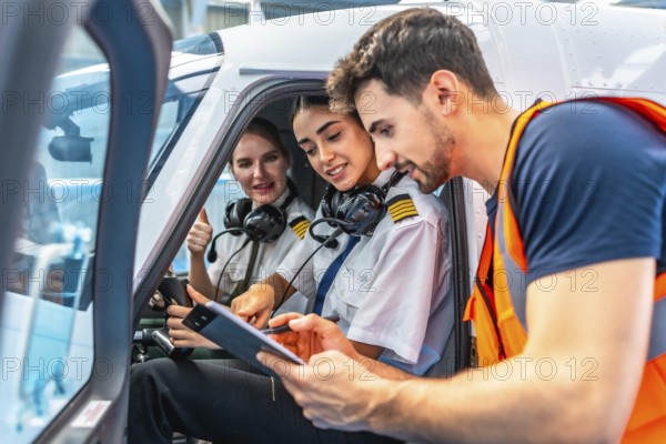 Airplane maintenance engineer briefing two smiling female pilots showing thumbs up sitting inside the cockpit