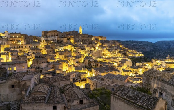 View of Matera by night, Sasso Caveoso, Basilicata, Italy, Europe