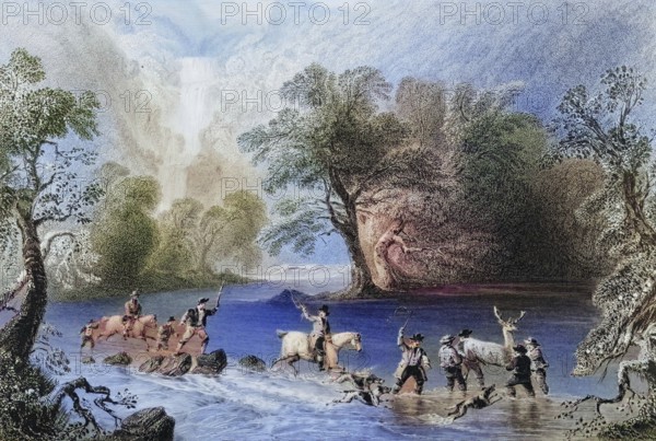 Shooting a stag near Derrycunniky Cascade, Killarney, County Kerry, Ireland, from The Scenery and Antiquities of Ireland, 1841, digital reproduction of a historical model, Europe