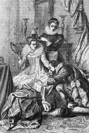 The reconciliation between Robert Devereux, 2nd Earl of Essex (1565 to 1601), an English nobleman and a favourite of Queen Elizabeth I in 1601, England, digital reproduction of a historical original