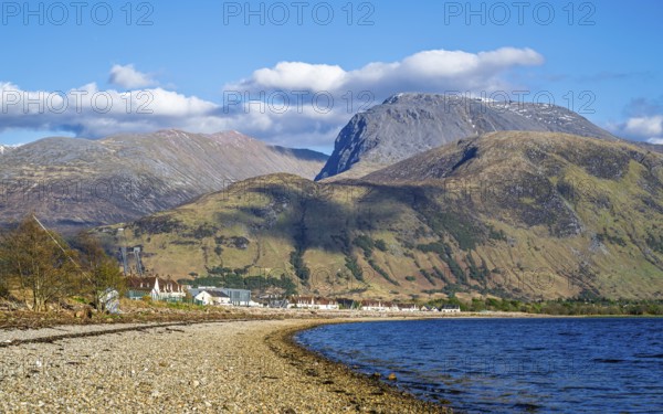 View of Caol Beach and Nevis Range Mountains, Corpach, Fort William, Highland, Scotland, UK