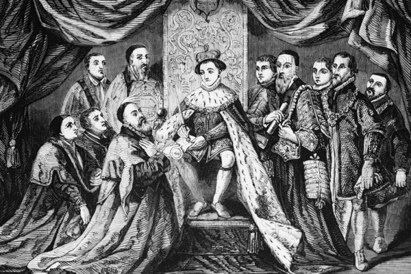 Edawrd VI grants the charter to Bridewell Hospital in London, England, in 1553, digital reproduction of a historical model