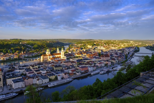 View of the historic city centre at sunrise, from the Veste Oberhaus, Passau, Lower Bavaria, Bavaria, Germany, Europe