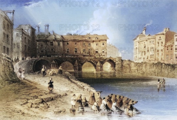 Old boat bridge, Limerick, Ireland, from the Landscape and Antiquities of Ireland, 1841, digital reproduction of a historical model, Europe