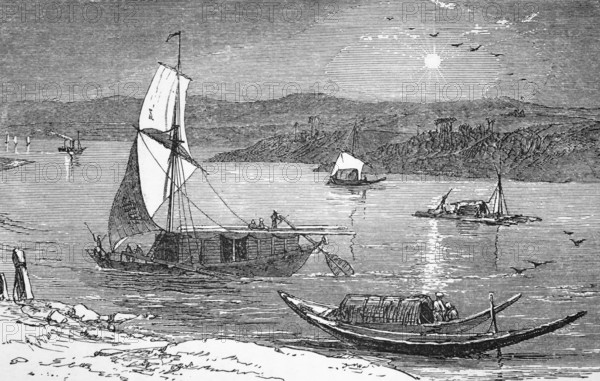 Boats on the River Ganges, c. 1870, India, digital reproduction of a historical model, Asia