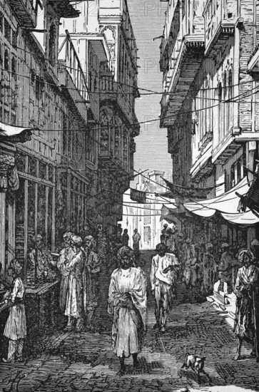 Street scene in Peshawar, Khyber Pakhtunkhwa, around 1870, Pakistan, digital reproduction of a historical model, Asia