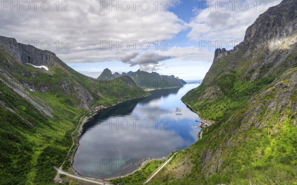 View of Øyfjorden fjord and mountains, fjord landscape with mountain peaks, hike to Barden mountain, Senja, Norway, Europe