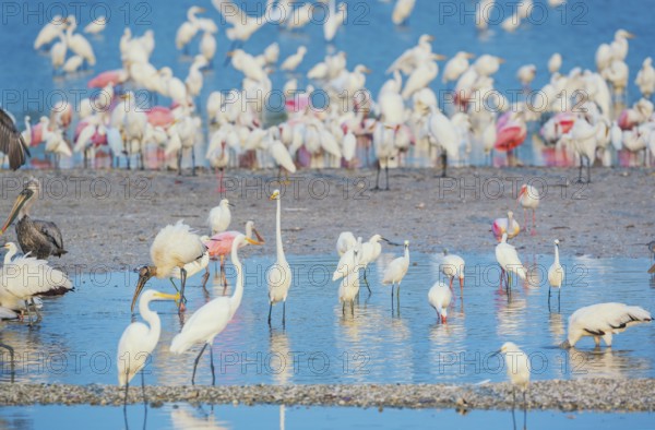 Group of Great white egrets (Ardea alba) and Roseate Spoonbills (Platalea ajaja) fishing, Sanibel Island, J.N. Ding Darling National Wildlife Refuge, Florida, USA, North America