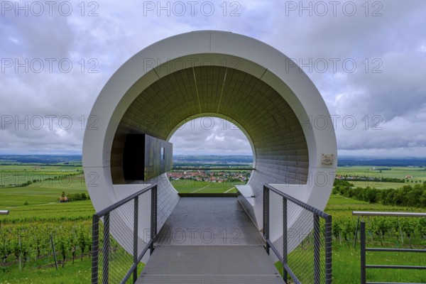Terroir f, viewpoint in the vineyards on the Schwanberg near Rödelsee, Steigerwald nature park Park, Lower Franconia, Franconia, Germany, Europe