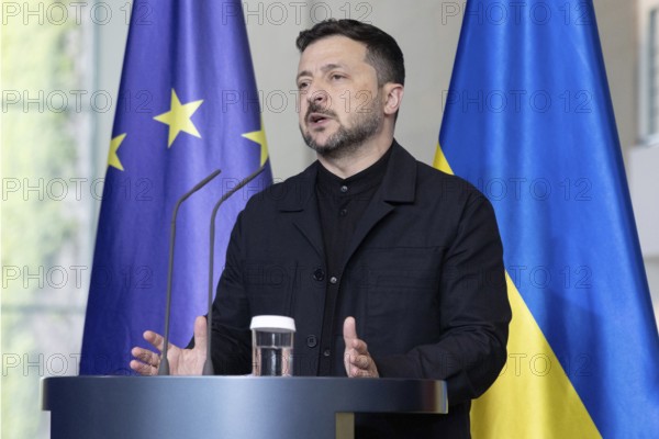 Berlin, Germany - 28 May 2025: Volodymyr Zelensky (President of Ukraine, l.) and Friedrich Merz (Chancellor of the Federal Republic of Germany, not pictured) answer questions from journalists during a question and answer session at a press conference in the Chancellery