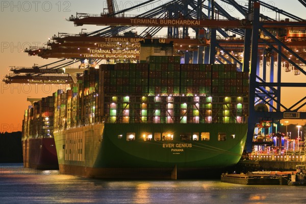 Container terminal Burchardkai with full container ship Ever Genius from Panama in the evening, Port of Hamburg, Hamburg, Germany, Europe