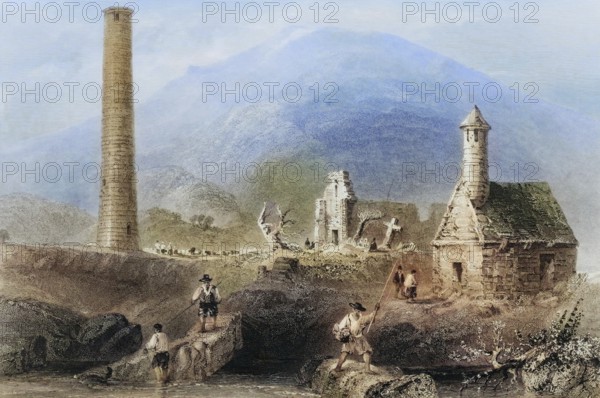 Round Tower, Glendalough, County Wicklow, Ireland, from the Landscape and Antiquities of Ireland, 1841, digital reproduction of a historical model, Europe
