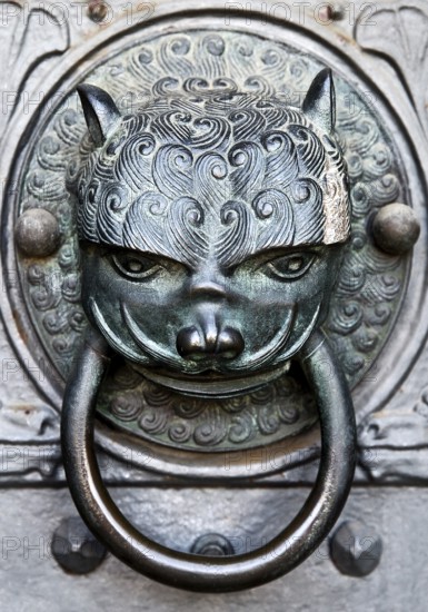Close-up, door knocker with animal head at the Church of the Redeemer, Bad Homburg vor der Höhe, Germany, Europe