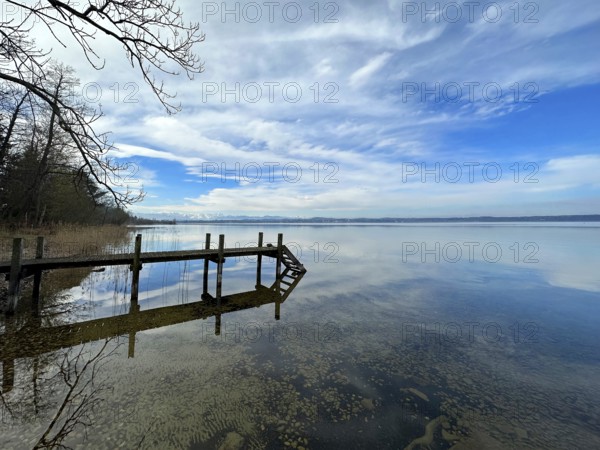 Shore area with wooden jetty on Lake Starnberg, Bavaria, Germany, Europe