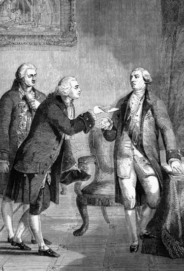 The presentation of John Adams, the appointed first American ambassador to Great Britain, to King George III at the court of St James, England, digital reproduction of a historical original